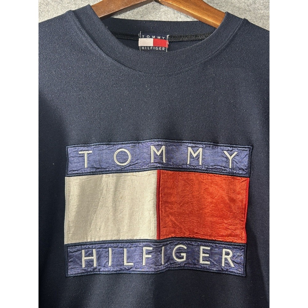 VTG Tommy Hilfiger Men's Big Flag Logo Knit T-Shirt Navy Embroider Spellout Sz M